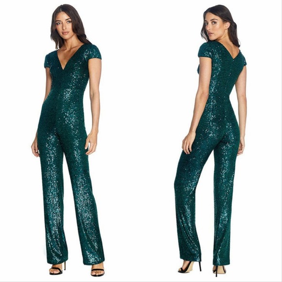 Dress the Population Pants - Dress the Population Dina Sequin Jumpsuit Deep Emerald Green